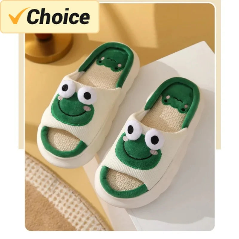 Men Women Home Linen Slippers Four Seasons Adults Home Sandals Couples Cute Frog Shoes Soft Cartoon Flip Flops Indoor Slides