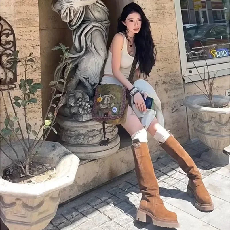 Fashion Women Boots Spring Winter Thick-soled Knee-high Suede Long Comfort Round Toe Botines Mujer Knight Boots