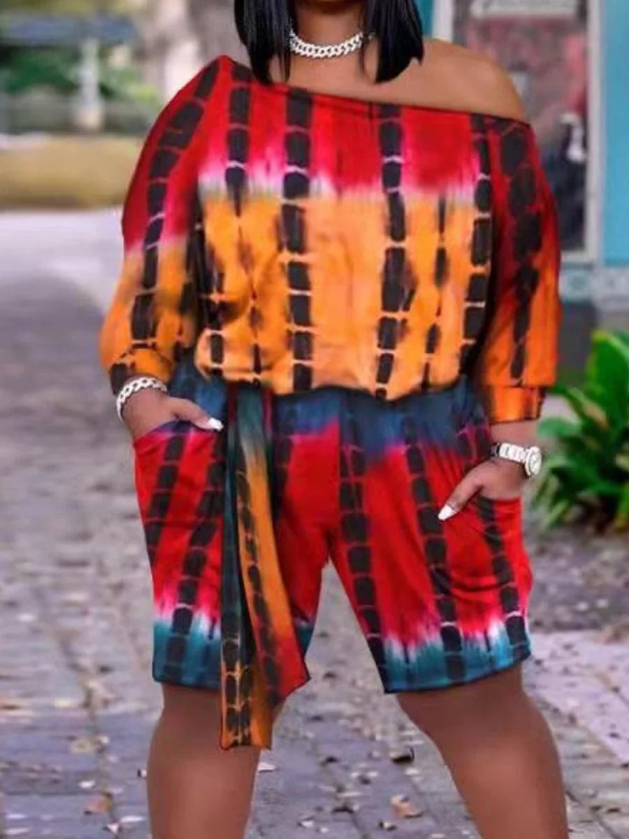 LW Plus Size shorts Two pieces sets casual long sleeve Tie Dye Bandage Top + Shorts Set 2024 NEW Spring summer Fashion 2pcs set