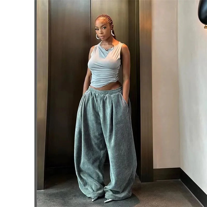 Autumn Winter Y2K Casual Wide-Leg Pants Women Loose Simple Basic Pocket High Waist Trouser Corduroy Streetwear Long Bottoms Blue CK63