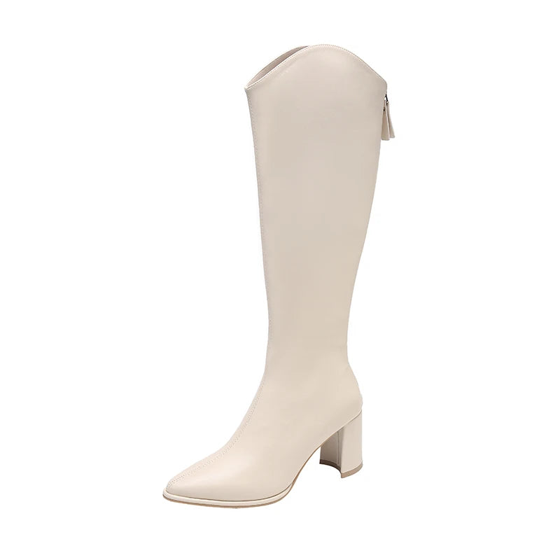 Plus Size 34-43 Women Boots Zipper Thick High Heels Simple Thick High Heels Autumn Winter Boots Knee High Botas Beige