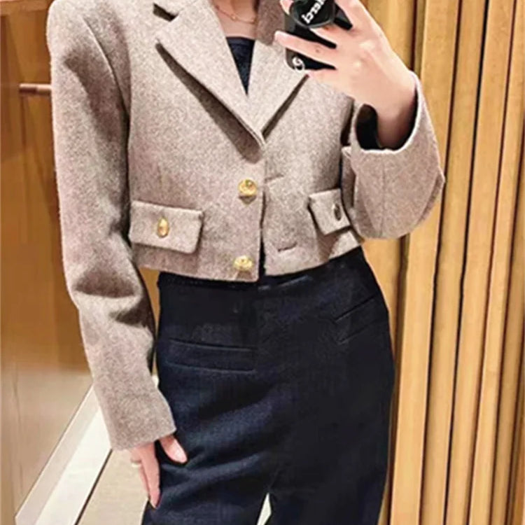 Women Notched Silhouette Short Jacket Tweed Single Metal Buttons Fashion New 2023 Ladies Coat Fall Winter