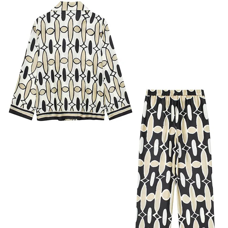 TRAF Women 2 Pieces Set Casual High Waist Pockets Elastic Waist Wide Leg Pant+Chic Printed Lapel Long Sleeve Shirt Blouse