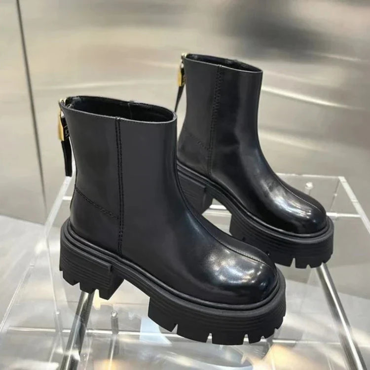 Brand Design Ankle Boots For Women Slip On Black Leather Platform Boots Women Chunky Heel Women Chelsea Boots Winter Shoes
