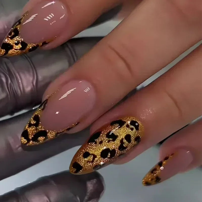 24pcs Leopard Print Almond Fake Press on Nails with Mini Flower Acrylic Fake Nails Retro Sweet Cool Design Press Ons French Nail