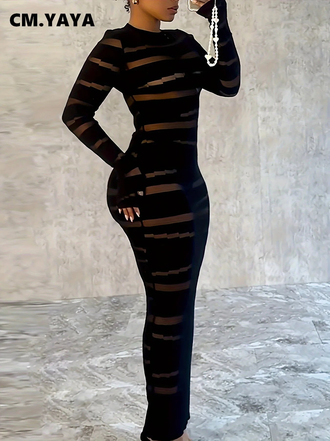 CM.YAYA Plus Size Women Clothing Dress Long Sleeve Striped Print O-neck High Waist  Spring Night Club Streetwear Mini Dresses