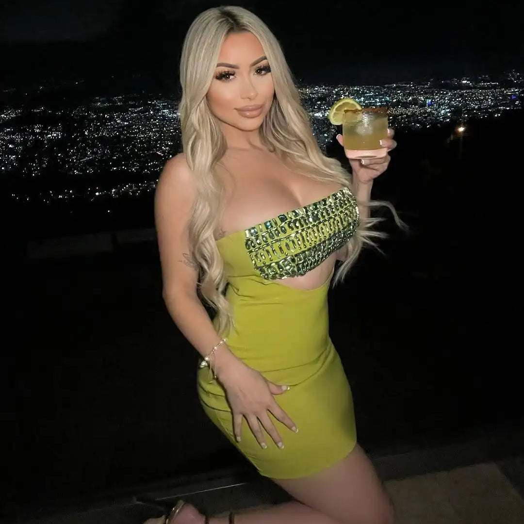 Nova chegada 2025 Mulheres Sexy Sem Alças Brilhante Cristal Bodycon Mini Vestido Bandage Boate Festa Roupa Da Moda