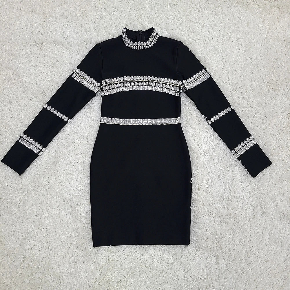 Winter Black Color Women Long Sleeve Big Crystal Bodycon Mini Dress Bandage Fashion Elegant Evening Party Dress Vestido