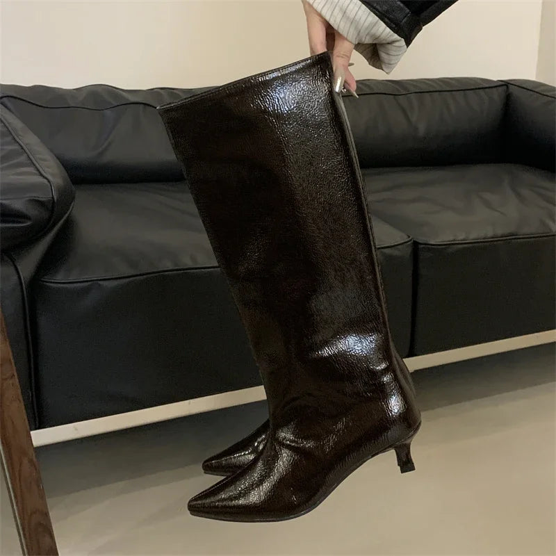 Eilyken Autumn Winter Street Style Thin Low Heels Women Knee-High Boots Sexy Pointed Toe Casual Party Shoes Long Botas Mujer