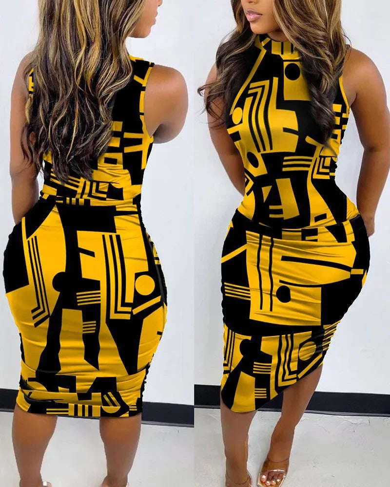 Summer Women Sleeveless Dress Printed Sexy Slim Pullover O Neck Midi Bodycon Dress Nightclub Party Elegant Evening Dresses Yellow