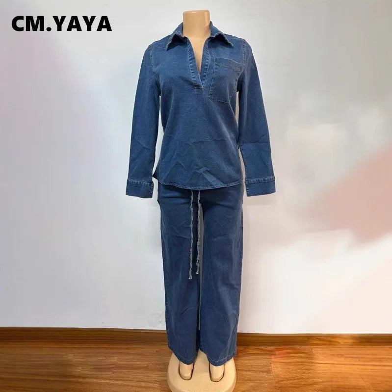 CM.YAYA Fashion Women's Set Long Sleeve Washed Denim Tops Shirts + Wide Leg Pants Suit 2025 Spring Street Two 2 Piece Set Outfit