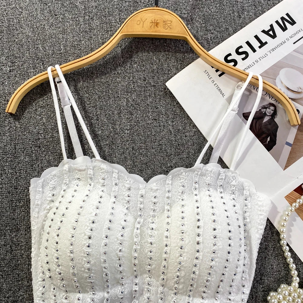 Chic Glitter Sequins Lace Camis Sexy Backless Korean Fashion Tank Top Slim Bustier Summer Women Party Club Crop Top Streetwear