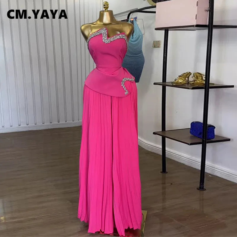 CM.YAYA Women's Set Diamonds Hot Rhinestones Crop Top and Pleated Wide Leg Pants Suit 2025 Two 2 Piece Sets Outfits Tracksuit