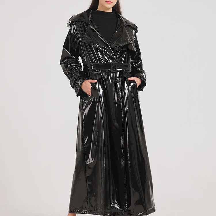 Spring Autumn Extra Long Black Shiny Reflective Soft Stretchy Patent Leather Trench Coat for Women Maxi Overcoat 2024 Black