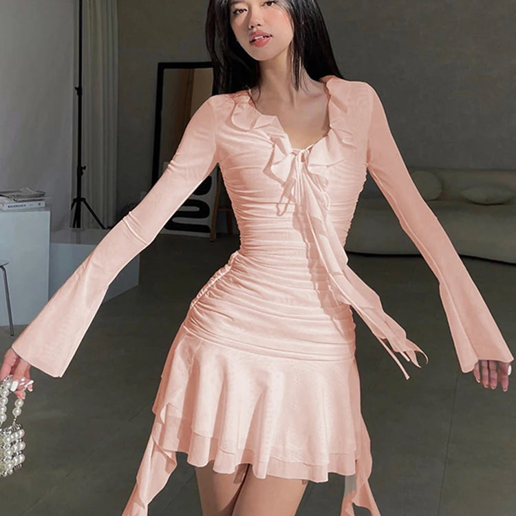 Y2K Tie Front Lace Streamer Dress Women Fairycore Deep V Neck Mesh Gathered Long Sleeve Mini Dress Beach Style Dress