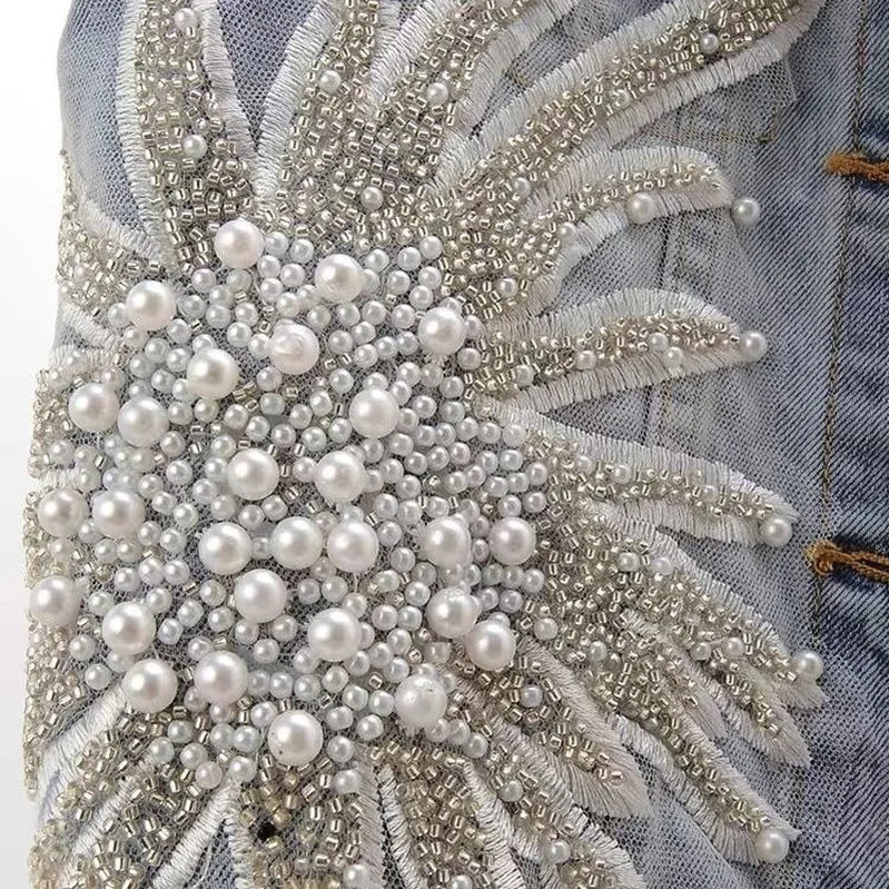 Women's Korean Style Lace Beaded Denim Vest Denim Waistcoat Fashion Cardigan Sleeveless Cropped Top Loose Plus Size Ripped Vest