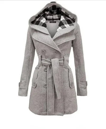 Vintage Woolen Coat Women Warm Fleece Jacket With Belts Double Breasted Solid Casual Jacket Winter Fashion Ladies Plus Size Gray