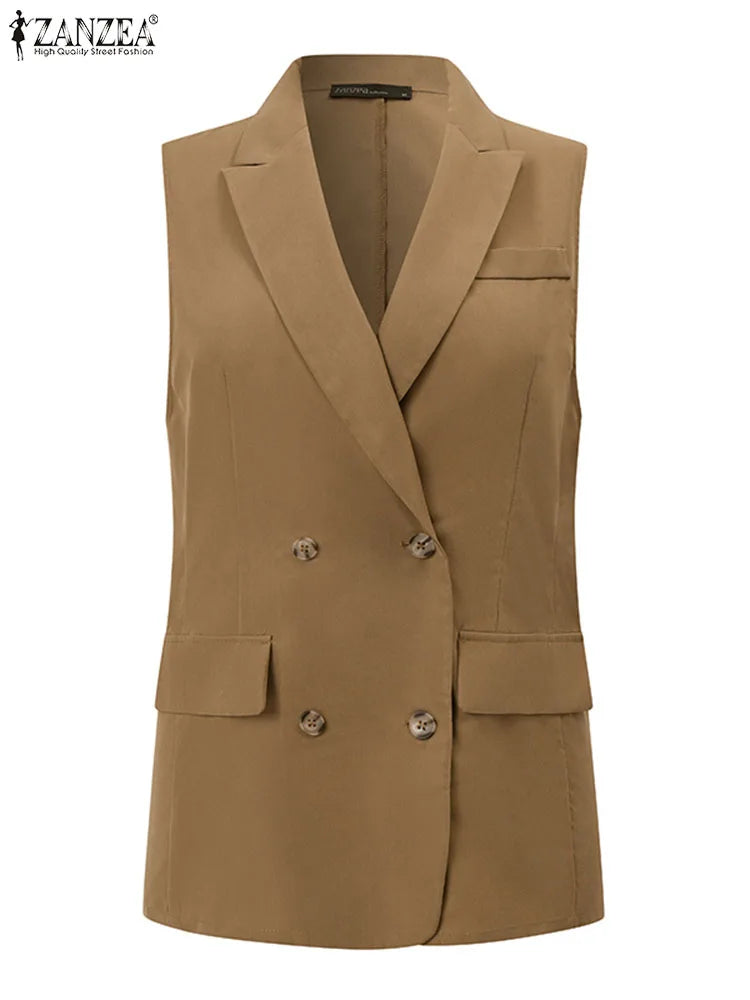 Fashion Women Vests Korean Style Sleeveless Casual Blazer Elegant Peak Lapel Suit Coats Oversize OL Black Vests