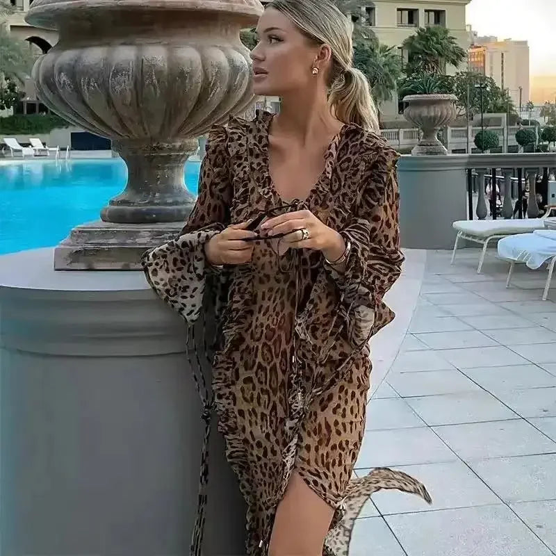 Leopard Ruffle Split Dress Women Spring Summer Sexy Lace Up V Neck Long Sleeve Bodycon Maxi Dresses Female Party Club Vestidos