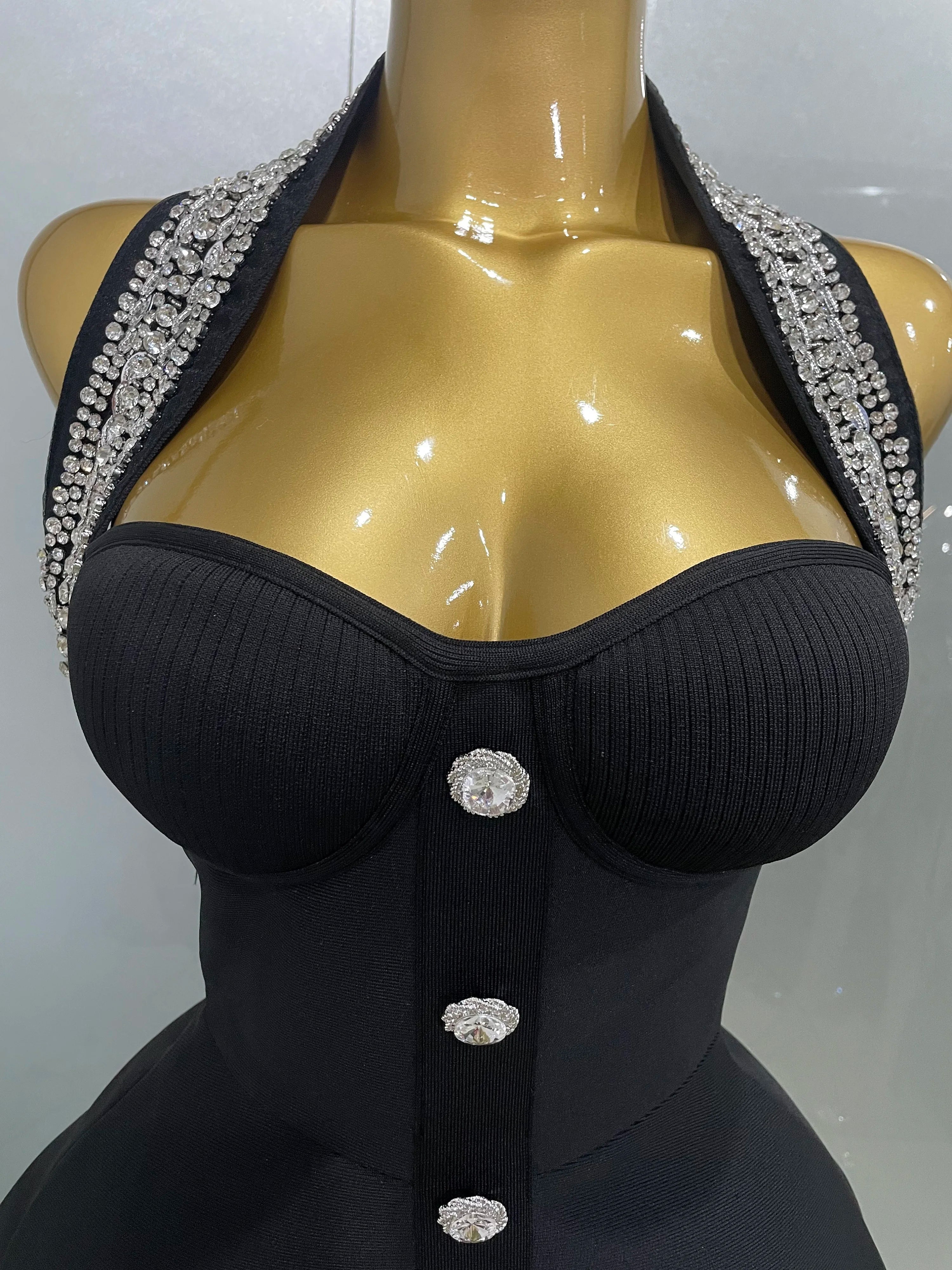Robe longue moulante noire sexy à épaules dénudées et cristaux brillants pour femme, tenue de soirée élégante avec gants