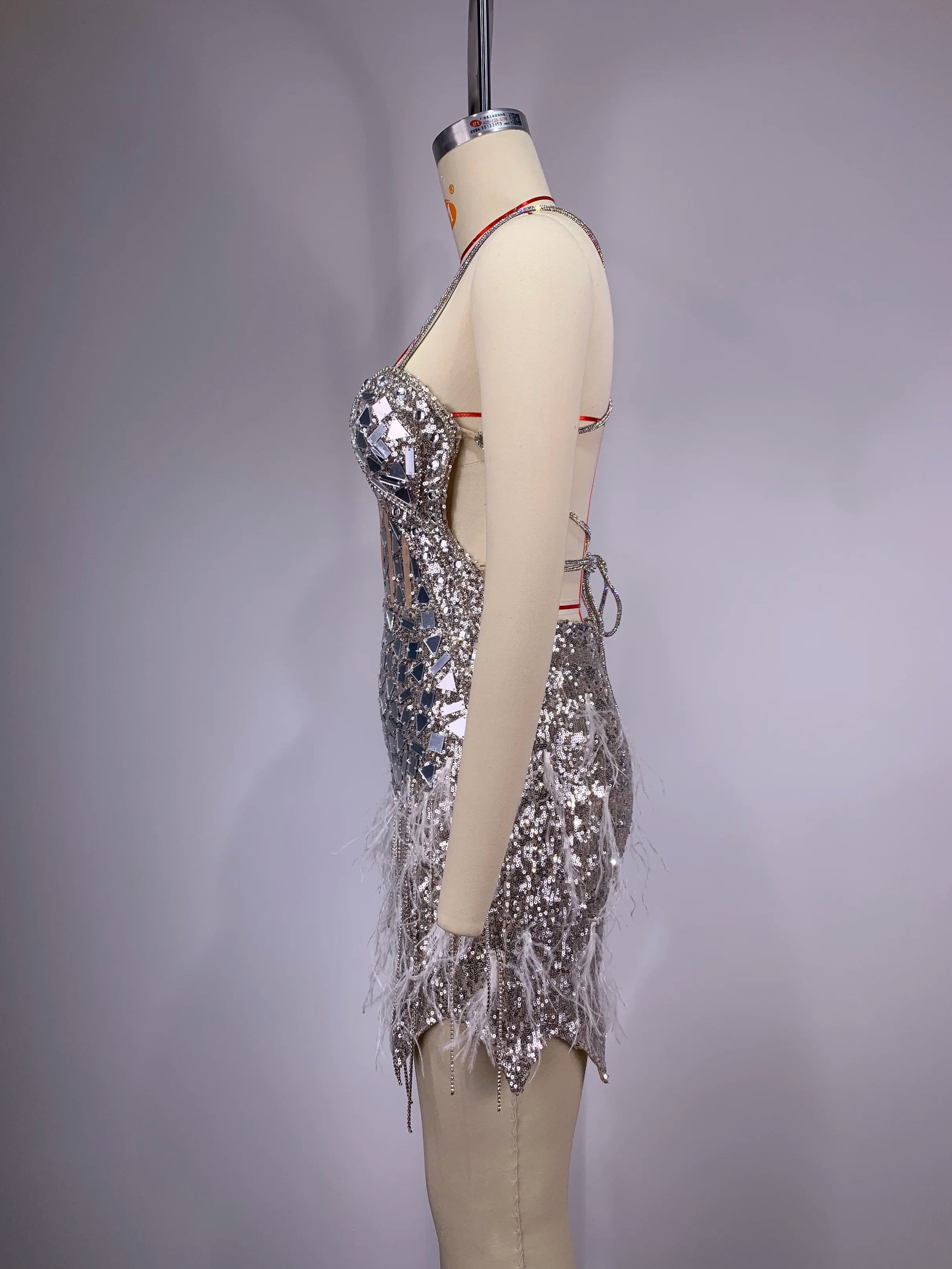 Sliver Sequins Diamonds Tassel Sexy V-Neck Strapless Mini Evening Dress Woman Birthday Party Outfit Stage Performance Costume