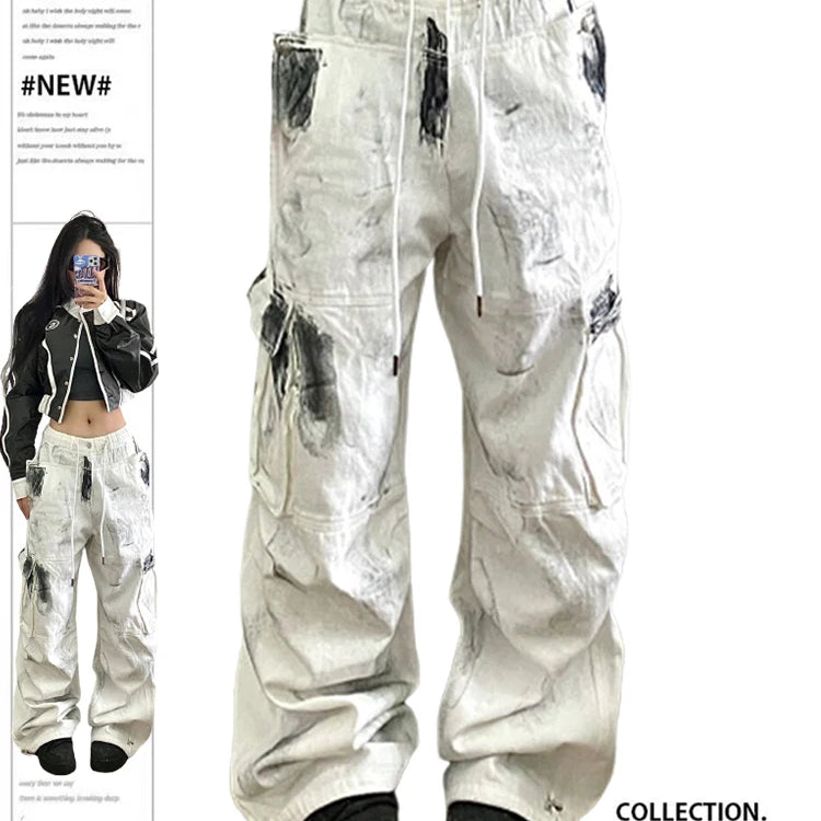 Women's White Cargo Jeans Y2k 90s Vintage High Waist Wide Leg Denim Trousers Harajuku Baggy Jean Pants 2000s Trashy Clothes