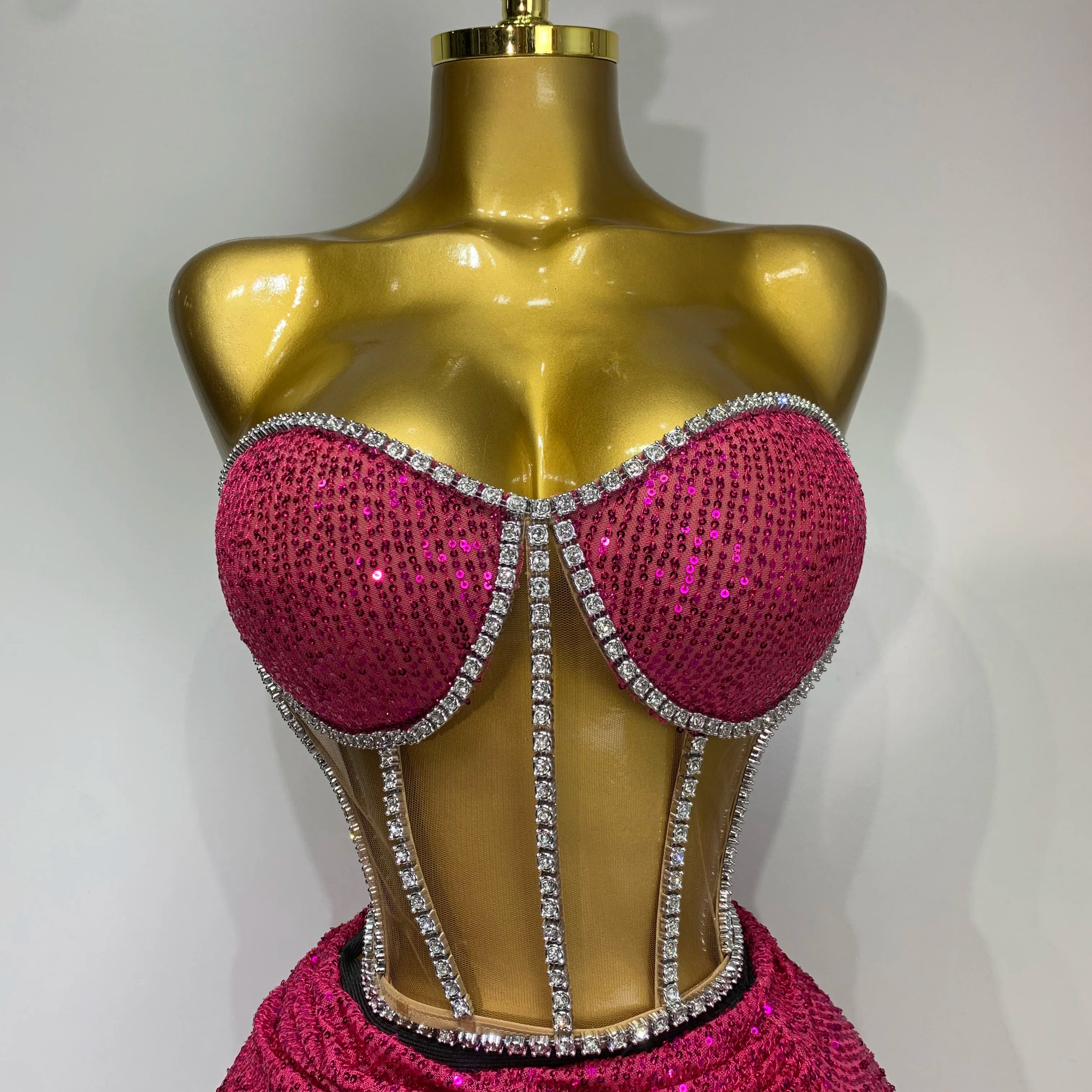 Women Sparkly Rhinestones Sequins Sexy Mesh Two Piece Set Evening Birthday Party Dress Nightclub Stage Performance Costumes