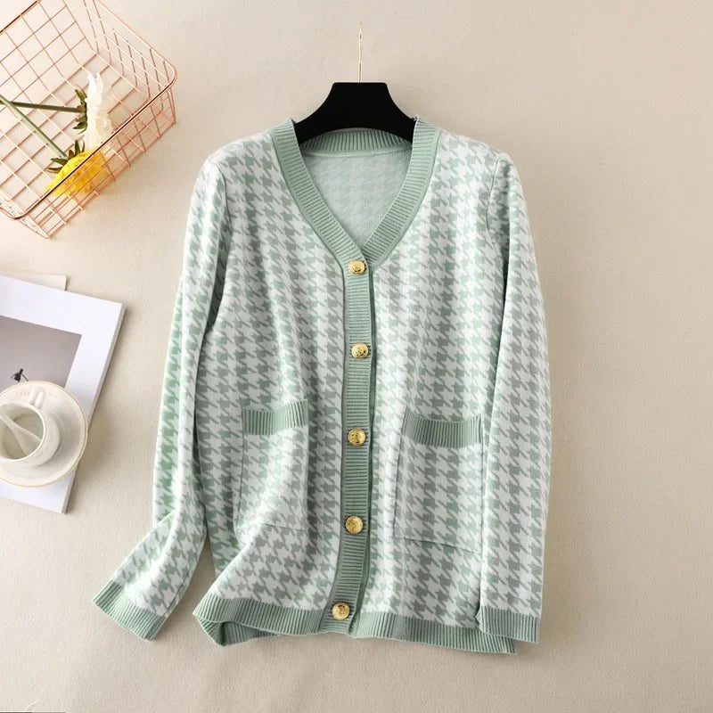 Houndstooth Cardigans Long Sleeve Sweater Women Autumn Winter Clothes Open Stitch Female Outwear Streetwear Knitted Cardigan light green One Size