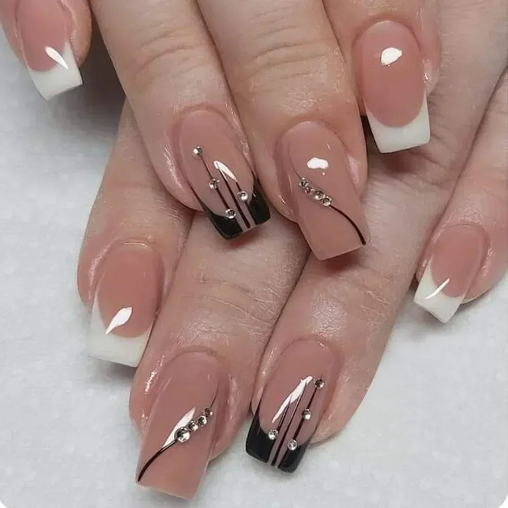 24Pcs Solid Black Short False Nails with Rose Pattern Design Ballerina Square Artificial Full Cover Press on Nail Tips for Girls