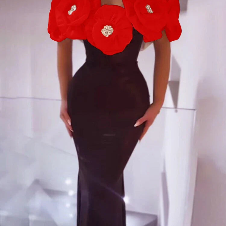 Vestido longo bandagem colado ao corpo feminino, sexy, ombro de fora, flor, diamantes, preto, elegante, festa à noite