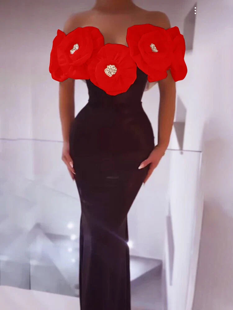 Vestido longo bandagem colado ao corpo feminino, sexy, ombro de fora, flor, diamantes, preto, elegante, festa à noite