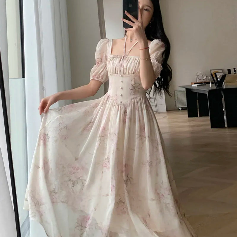 Summer Fashion French Retro A-Line Fairy Party Dress Female Floral Square Neck Lantern Sleeves High Waist Pleated Vest Dresses