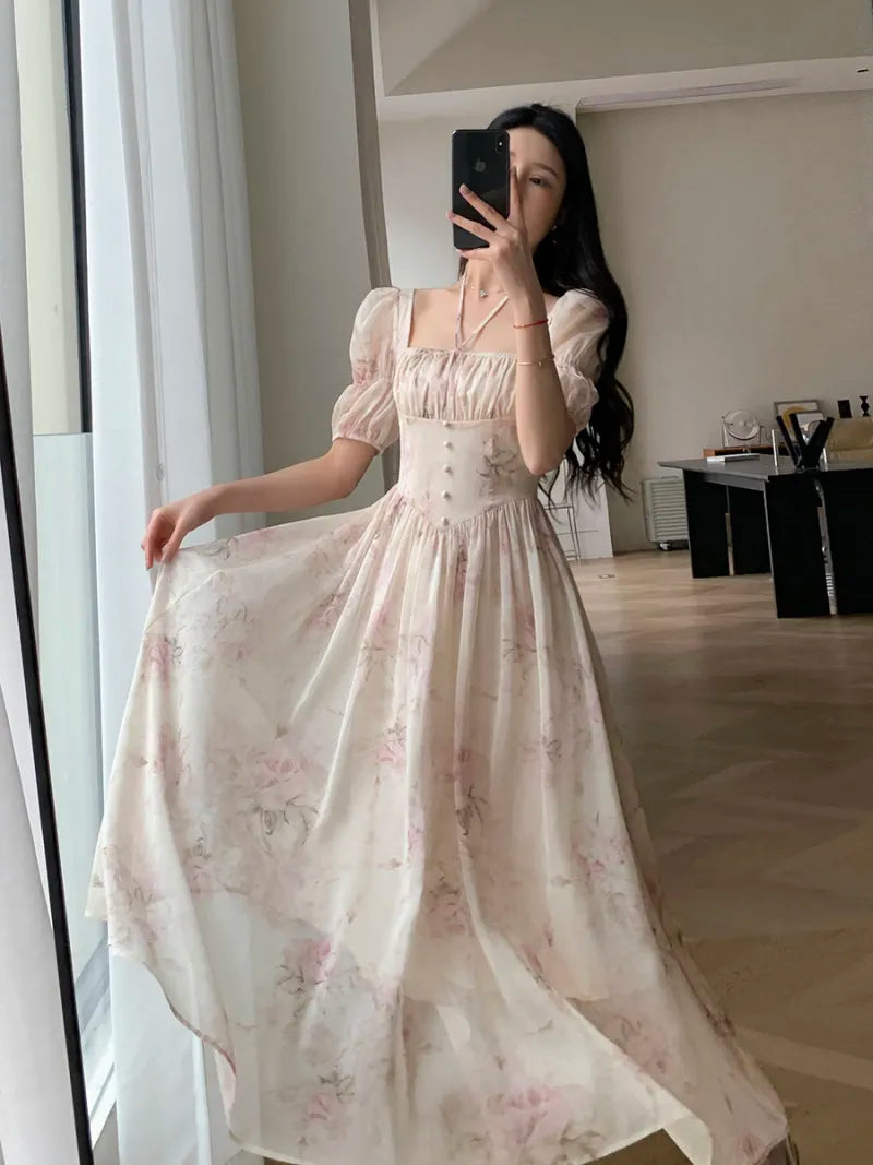 Summer Fashion French Retro A-Line Fairy Party Dress Female Floral Square Neck Lantern Sleeves High Waist Pleated Vest Dresses