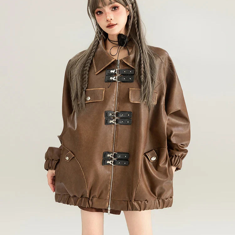 Spring Vintage Oversized Distressed Brown Pu Leather Jacket Women Long Sleeve Luxury Designer Maillard Style Clothing