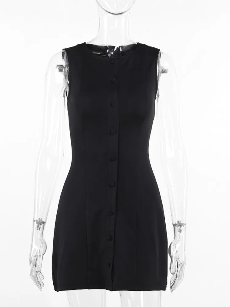 Mozision Fashion Sleeveless Sexy Mini Dress For Women New O Neck Single-btrasted Bodycon Club Party Tank Dress Femme Clothes Black