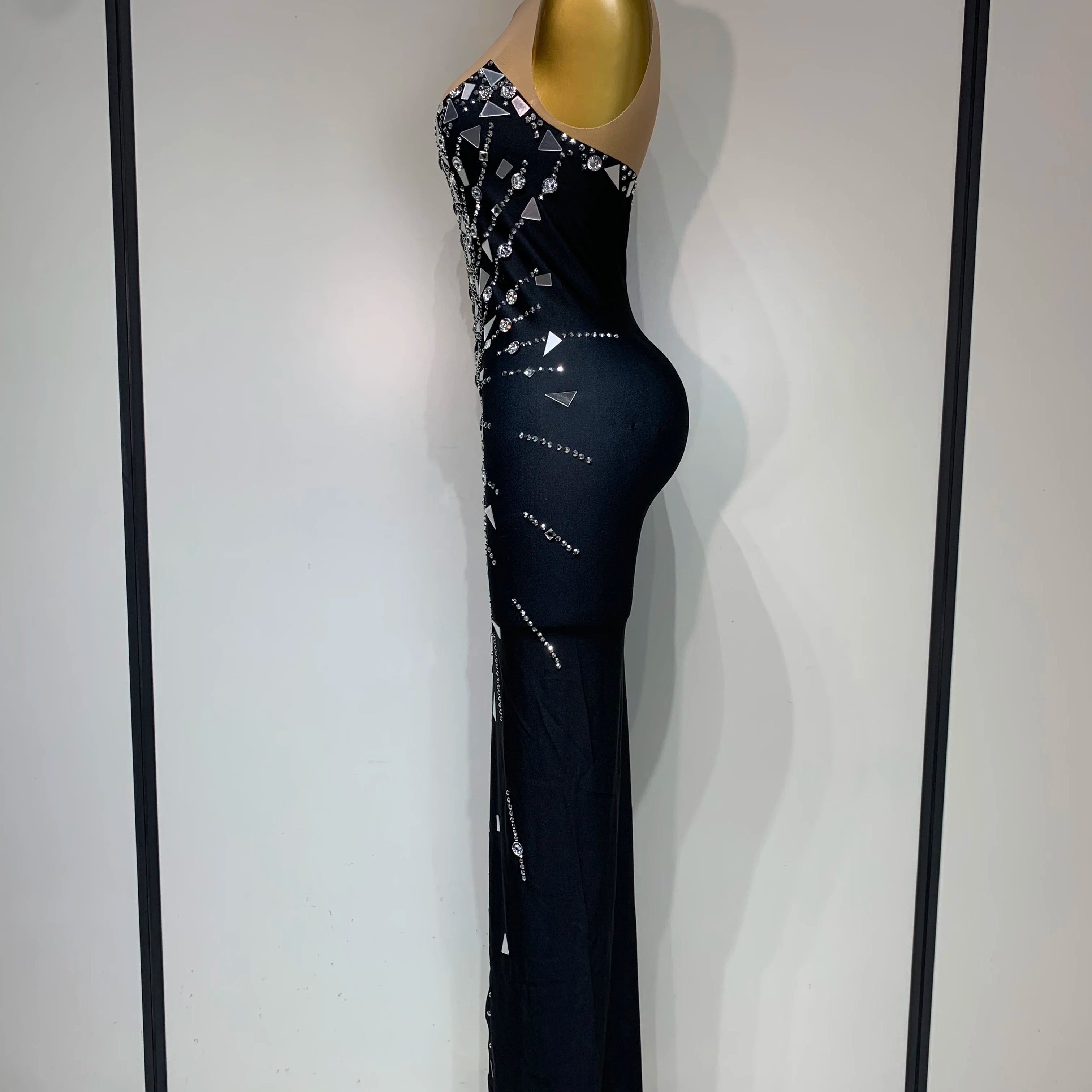 Vestido preto com patchwork e strass, com lentes de laço, vestido longo para festa, comemoração, baile de formatura, palco, festival