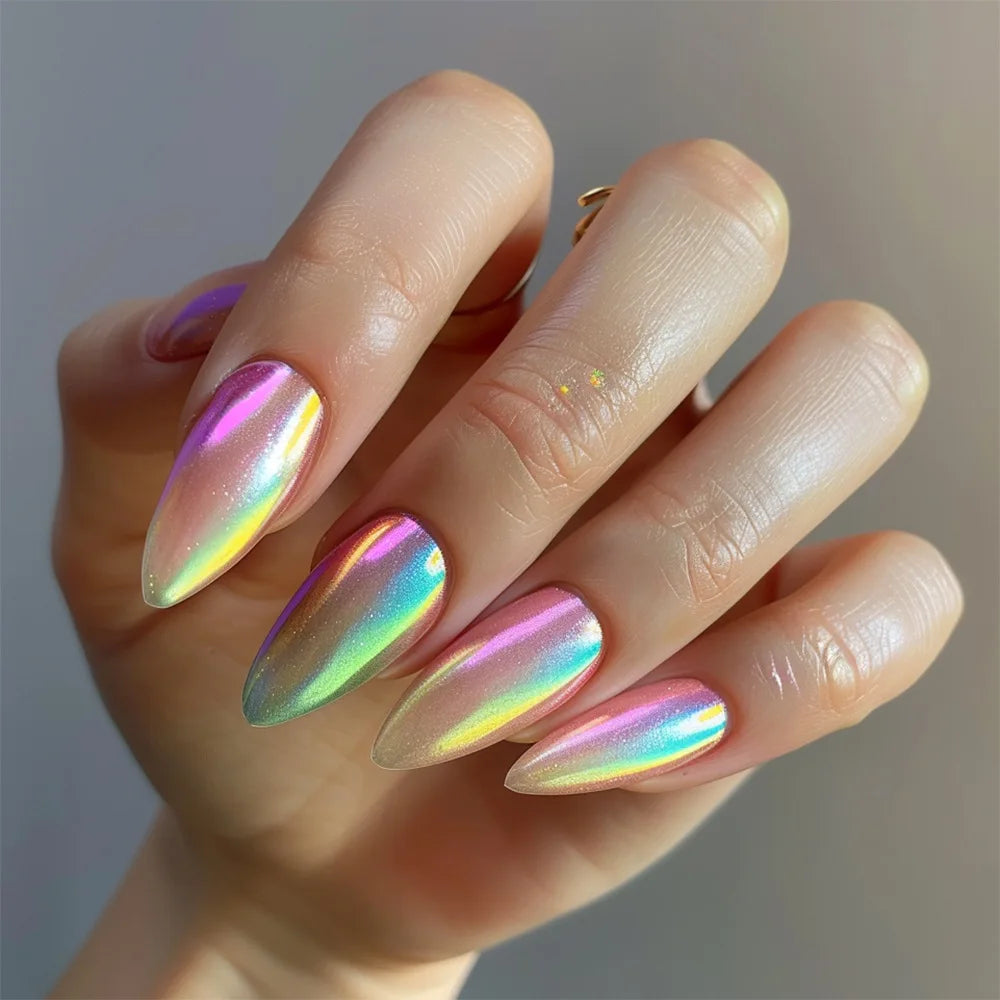 24pcs Blue Cat Eye Fake Nails Wearable Long Stiletto False Nails Simple Press on Nail Art Fashionable Full Cover Manicure Tips.