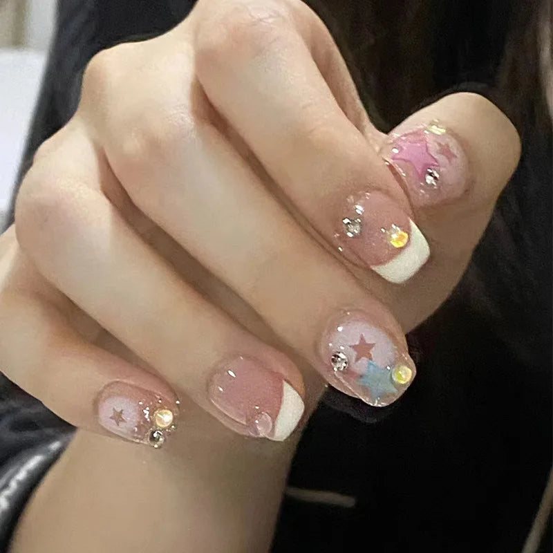 24pcs French Press on Nails Blue False Nails Wearable Stick-on Nails Fake Nail Uñas Postizas Накладные Ногти Faux Ongles 네일팁