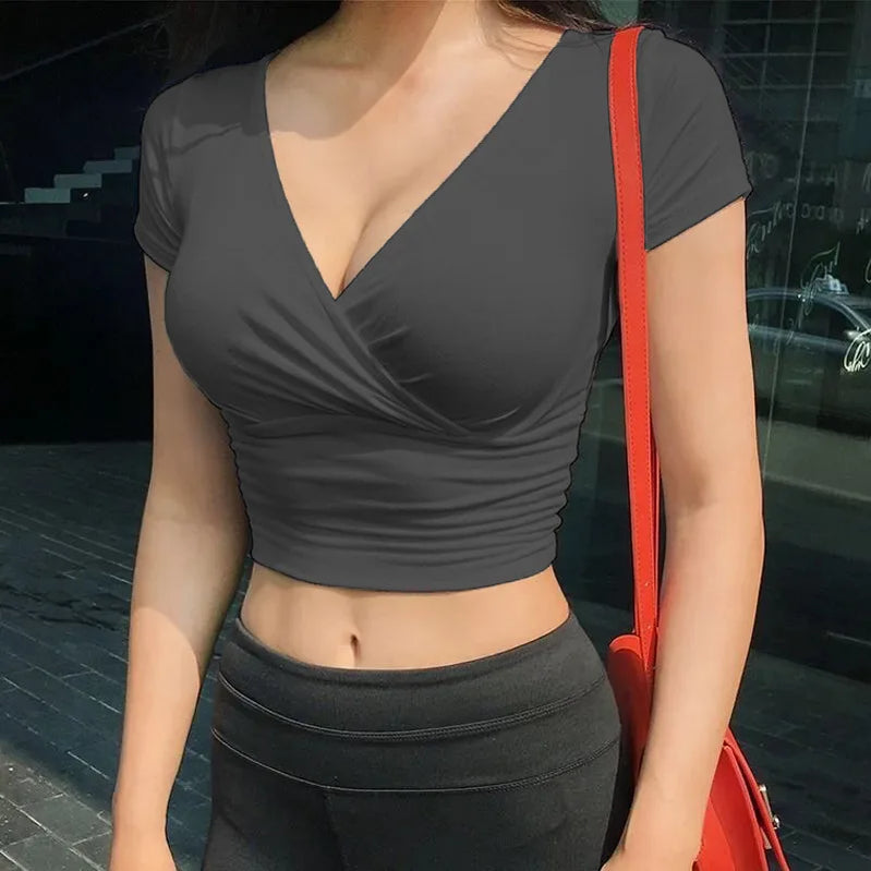 New Summer Black Sexy V-neck T-shirt Short Sleeve Y2k Crop Top Women Clothes Streetwear Korean Fashion Corset Tops Tshirts 2023 GRAY
