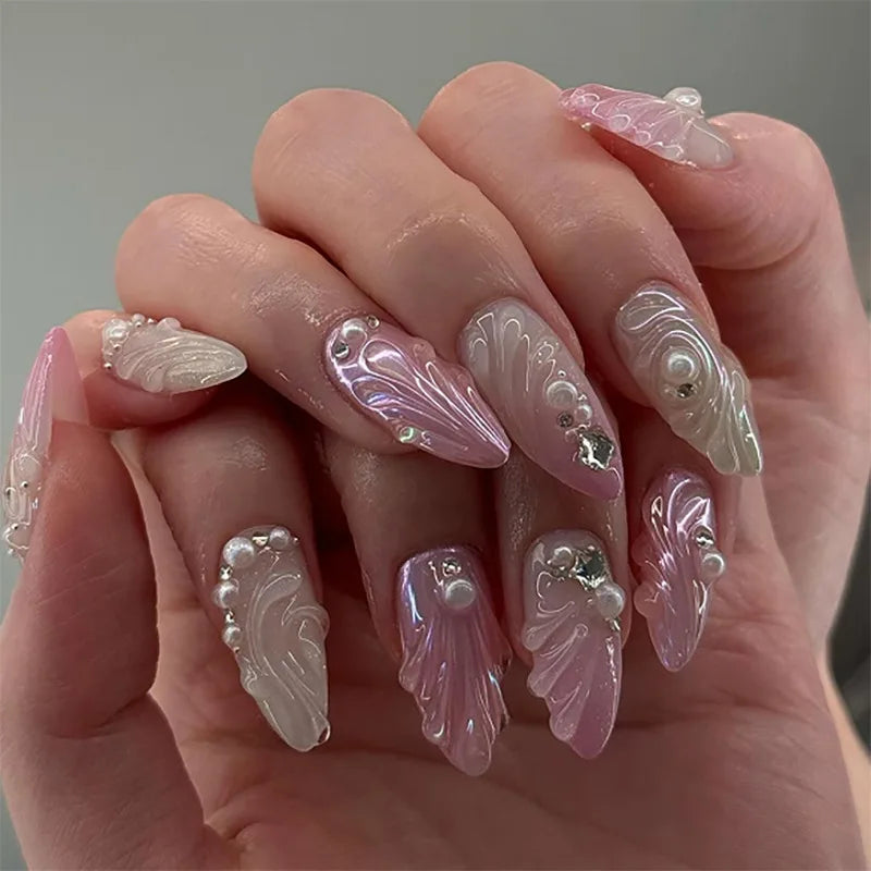 10Pcs White French Fake Nail with Glue Almond Press on False Naills Pink 3D Bow Camellia Design Nails Art Wearable Manicure Tips