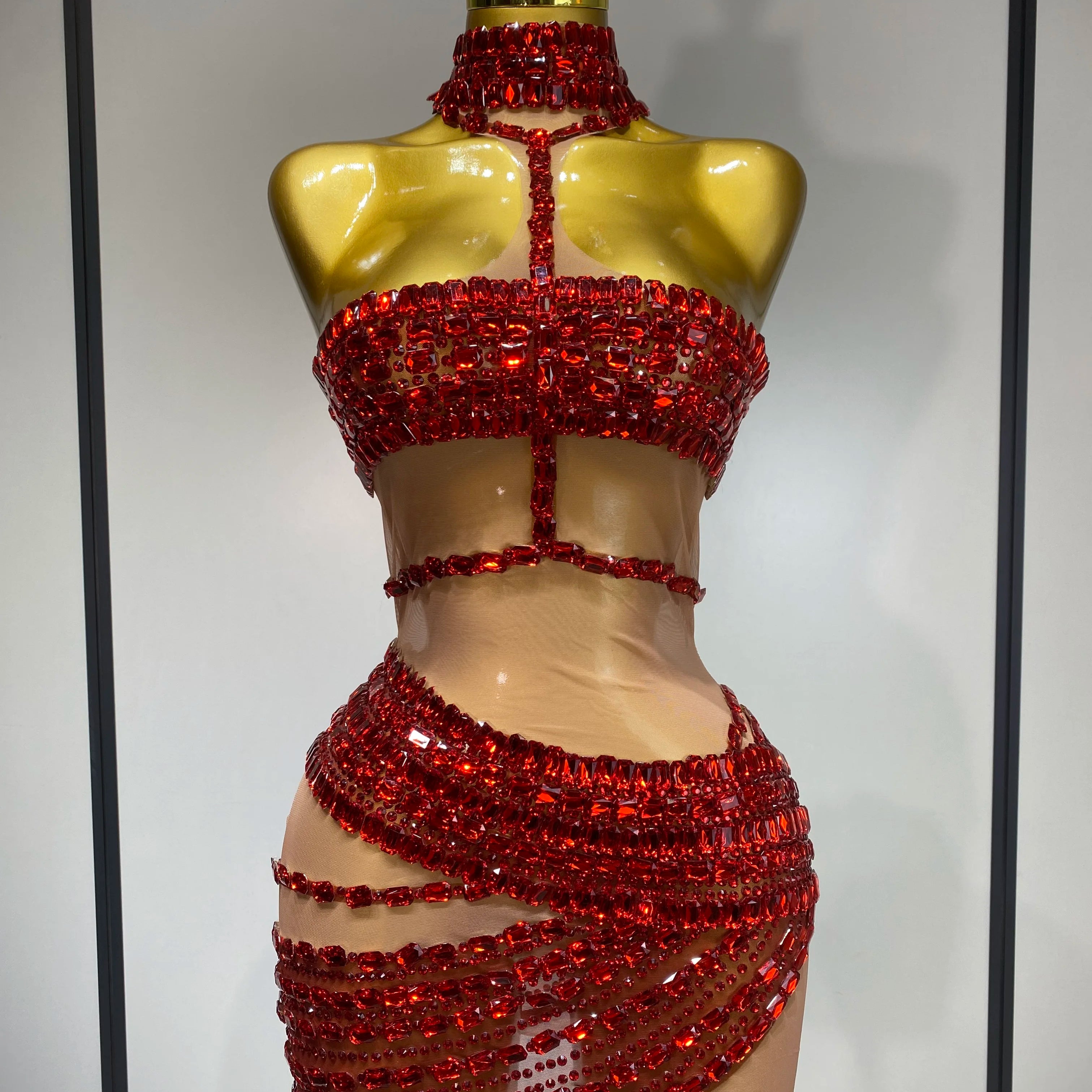 Sparkly Red Rhinestone Mini Dress Womer Sexy Mesh Birthday Wedding Party Prom Gowns Drag Queen Costume Singer Stage Outfit