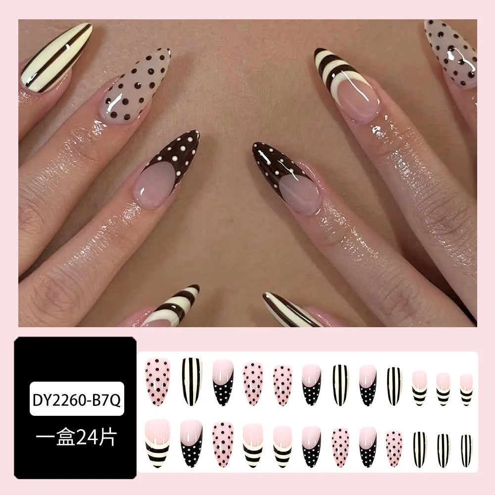 Spicy Girls Almond Fake Nails 24Pcs French Press On Nails Polka Dot/Stripe Printed Charm Manicure Full Cover Stick-on False Nail