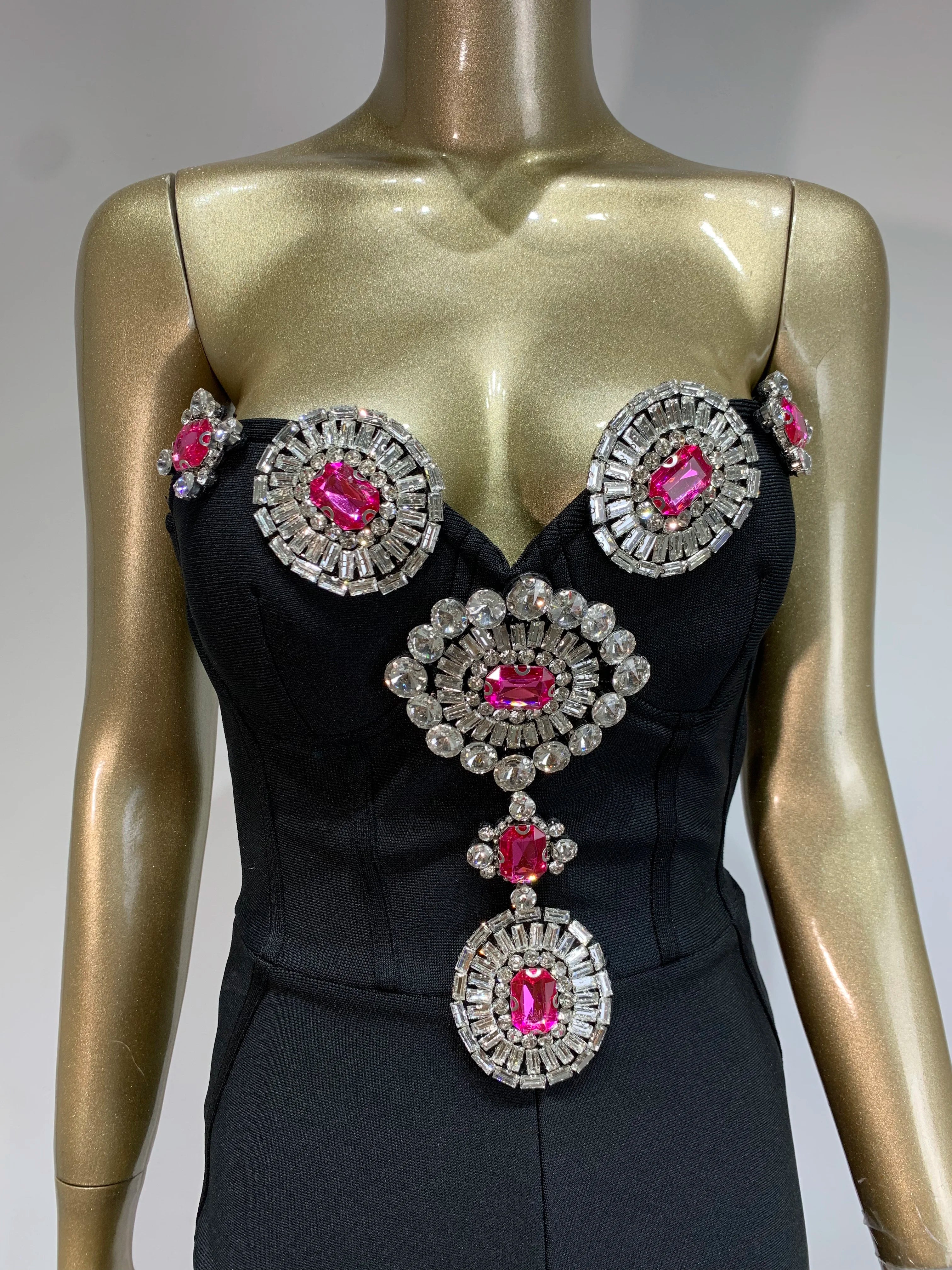Macacão feminino luxuoso, sexy, sem alças, costas nuas, com cristais e diamantes, preto, bodycon, bandagem, designer de celebridades, macacão de rua