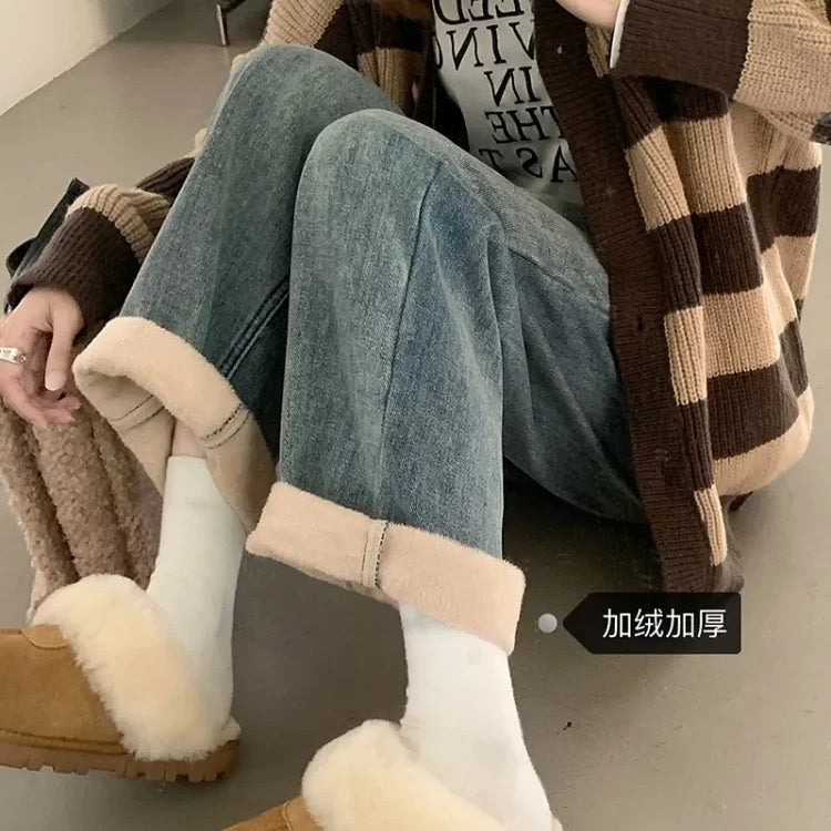 S-XL 2Colors Winter women long Straight wide leg denim pants Thick Warm High waist Denim jeans Trousers for womens+Belt Thickened