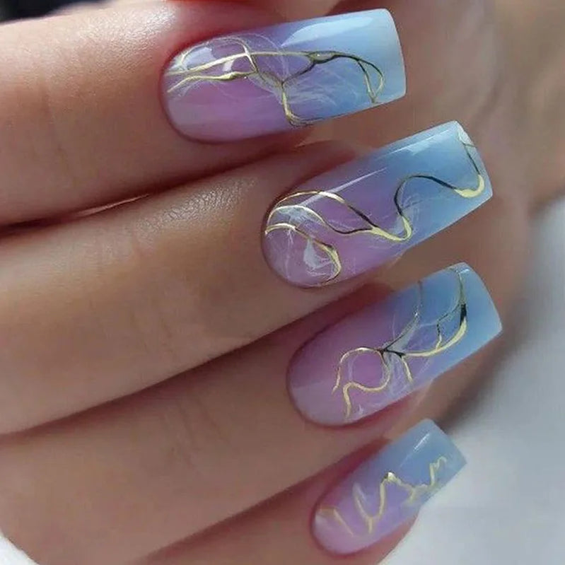 24pcs/set short sqaure almond fake nails geometric aurora gradient heart glitter designs faux ongles press on acrylic false nail