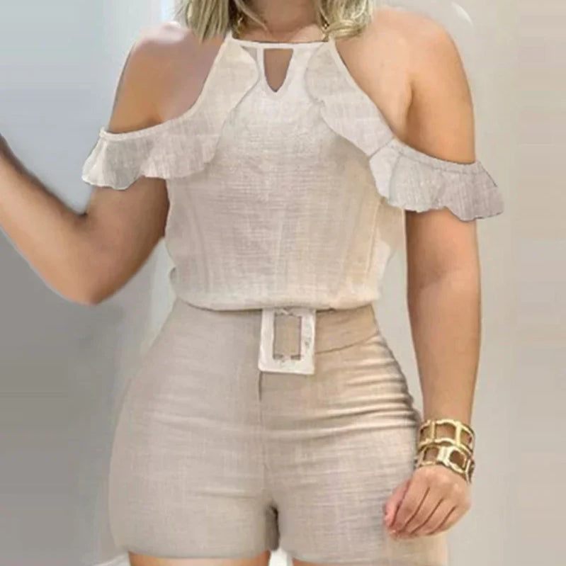 Women Fashion Sleeveless Plain Crop Top Sexy High Waist Skinny Bodycon Long Trousers Two Pieces Suit Flare Pants Set With Belt