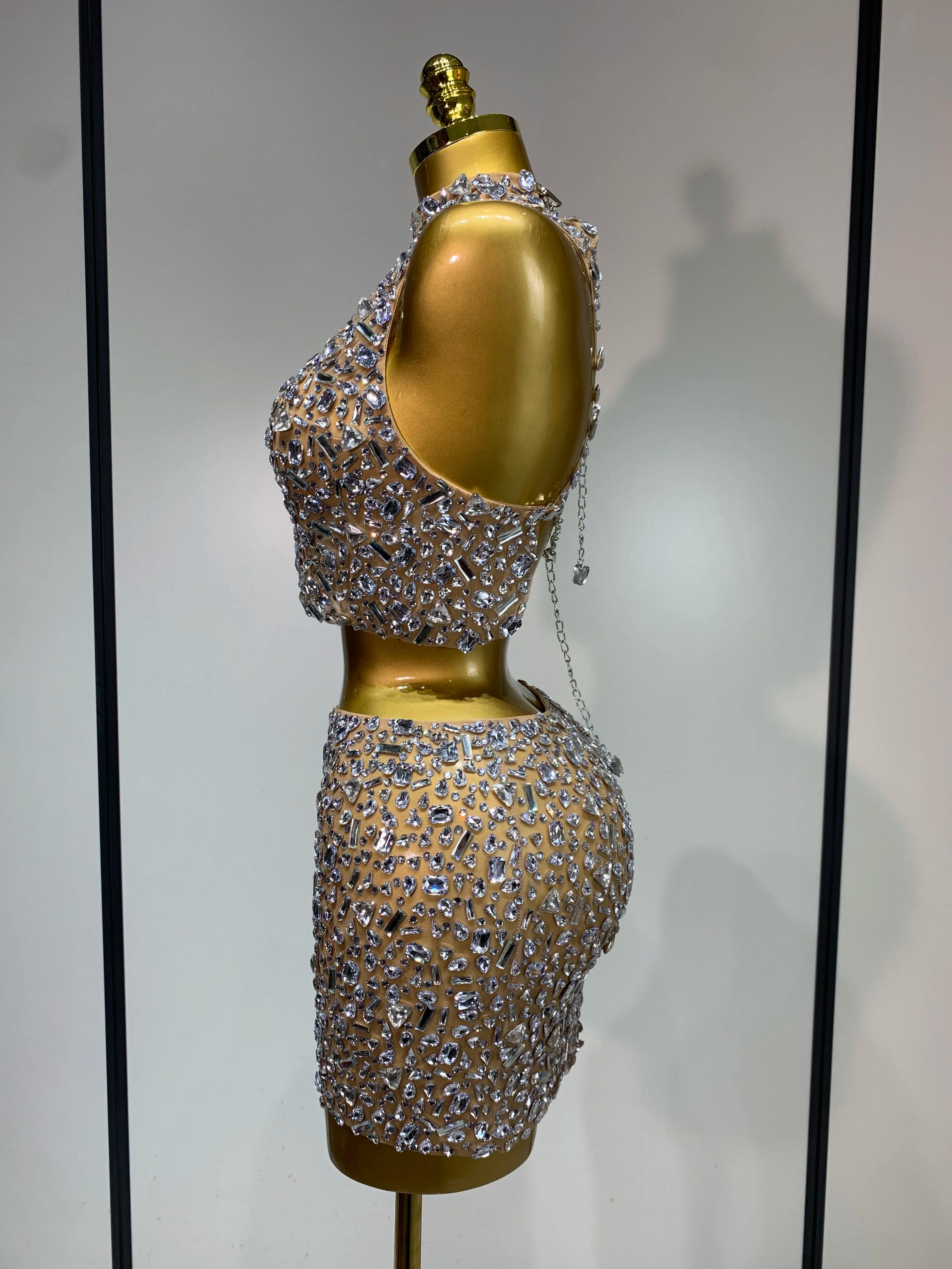 High Quality Sparkling Rhinestone Sexy See Through Blackless Top Skirt Two Pieces Set Woman Luxury Birthday Evening Party Gowns