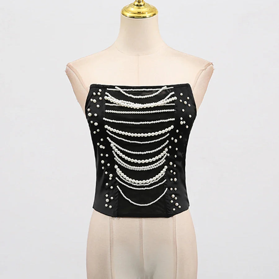 Solid Slimming Spliced Chain Tanks for Women Strapless Sleeveless Patchwork Bead Tank Female Fashion Clothing New