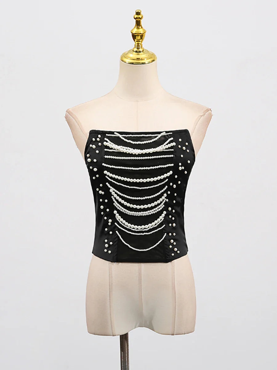Solid Slimming Spliced Chain Tanks for Women Strapless Sleeveless Patchwork Bead Tank Female Fashion Clothing New