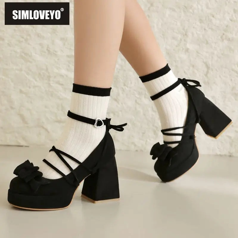 SIMLOVEYO Lolita Women Pumps 32 33 Round Toe Chunky High Heels 9cm Platform Bowknot Ankle Strap Big Size 44 45 Sweet Shoes